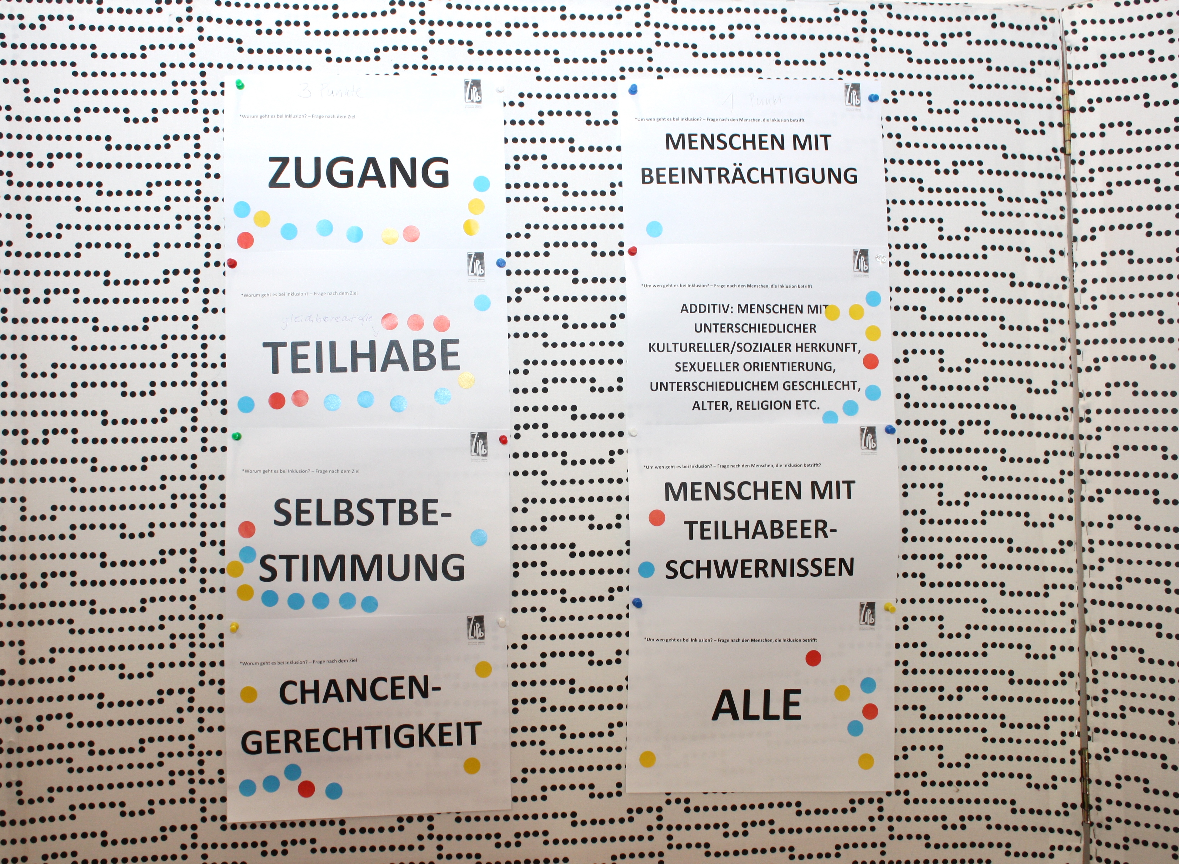 Links vier A4-Blätter mit den Fragen worum sollte es bei Inklusion gehen: 1. Zugang, 2. Teilhabe, 3. Chancengerechtigkeit, 4. Selbstbestimmung. Rechts die Frage um wen sollte es bei Inklusion gehen: 1. Menschen mit Beeinträchtigung 2. Menschen mit Teilhabeerschwernissen, 3. Alle