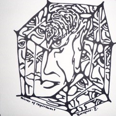 Eine mit dunklem Filzstift skizzierte rechte Gesichtshälfte. Angedeutet sind Nase, Mund, Auge und Ohr. Von dem gehen spinnenwebenartige Strukturen aus, wobei das Gesicht das Zentrum den Spinnennetzes bildet. In jedem der einzelnen Spinnennetzabschnitten spiegelt sich das Gesicht wider.