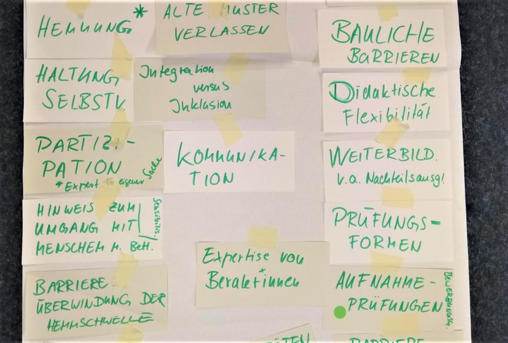 Flipchart mit aufgeklebten Notizzetteln, die mit grünem Stift beschrieben sind.