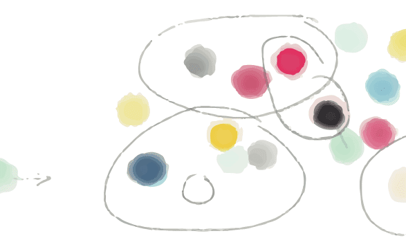 Die Zeichnung besteht aus roten, gelben, schwarzen, blauen und grünen Punkten. Die Punkte sind teilweise durch Kreise umschlossen. Einige Kreis-Punkt-Formationen überlappen sich. Einige Punkte befinden sich außerhalb der Kreise.