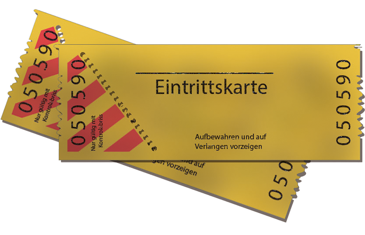 Zwei gelbe Eintrittskarten. Links eine Seriennummer und ein diagonaler Abreißstreifen.